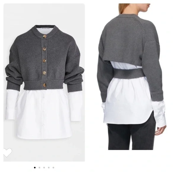 Alexander Wang Bilayer Crew Neck Oxford Cardian Sweater - Picture 1 of 11